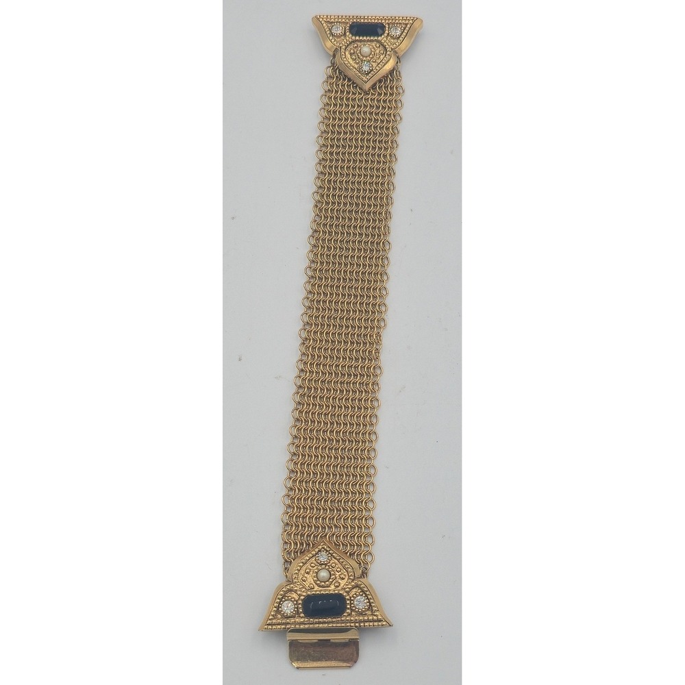 Whiting and Davis Mesh Bracelet Women 7in Gold Black Onyx Pearl Vintage Good
